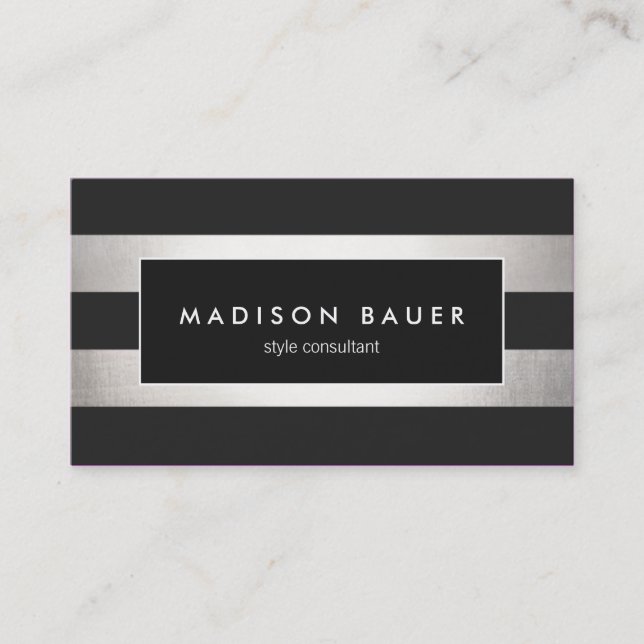 Elegant Modern Striped Black FAUX Silver Foil Business Card (Front)