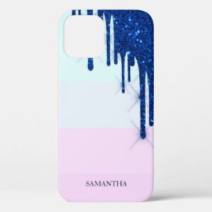 Elegant Modern Striped,Blue Glitter Drips iPhone 12 Case