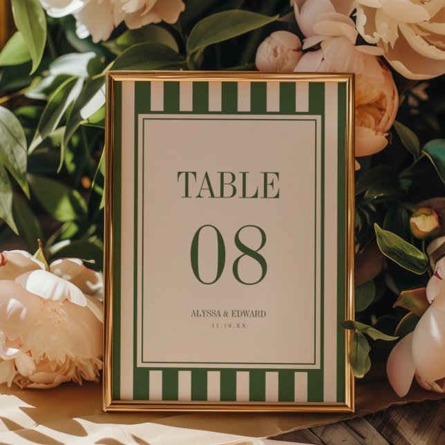 Elegant Modern Striped Olive Green Wedding Names Table Number (Creator Uploaded)