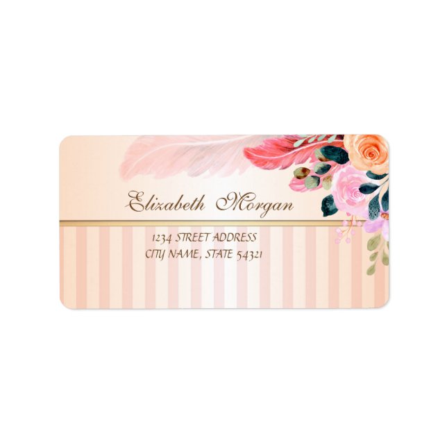 Elegant Modern Striped Watercolor Flowers Feather Label (Front)