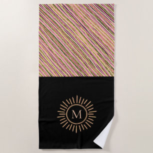 Elegant Modern Stripes Monogram Pink Gold Beach Towel