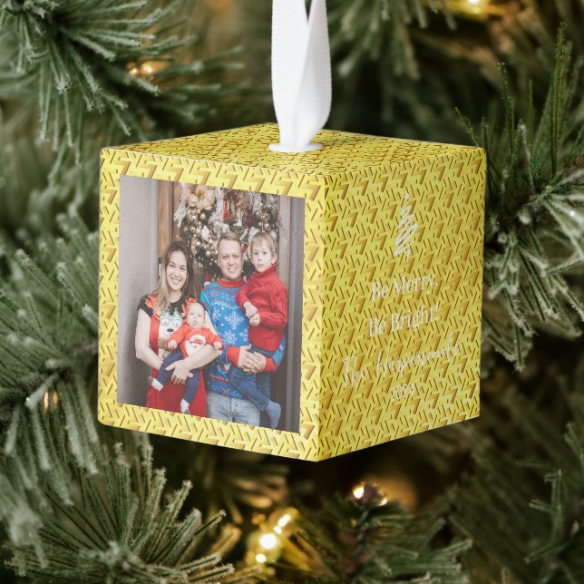 Elegant Modern Stylish 3 Family Photo Christmas Cube Ornament (Tree)