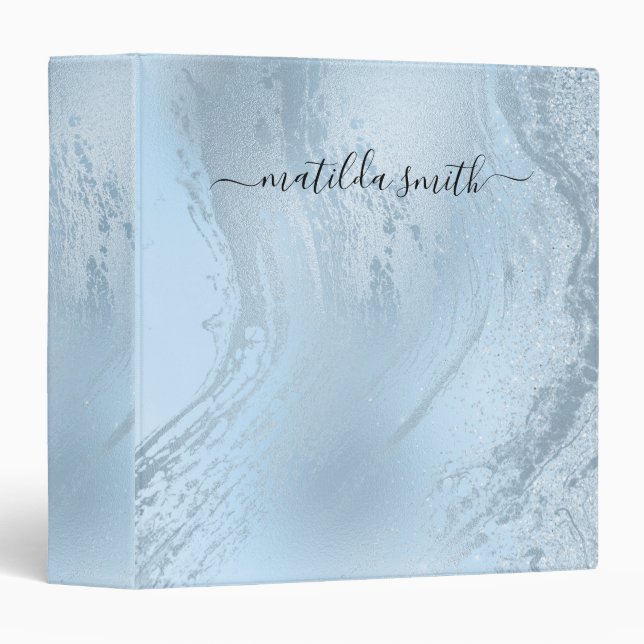 Elegant modern stylish baby blue marble glitter 3 ring binder (Front/Spine)