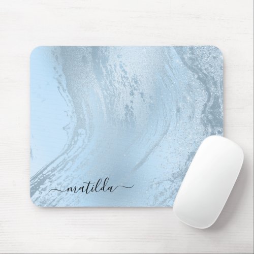 Elegant modern stylish baby blue marble glitter mouse pad