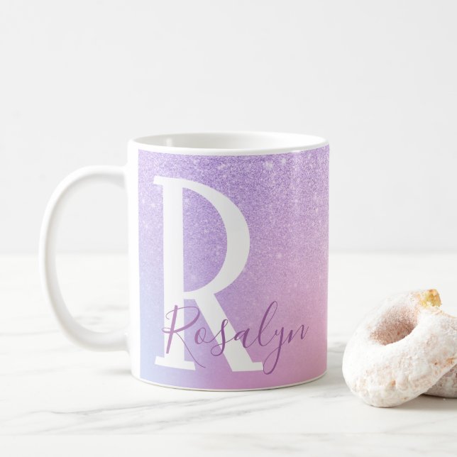 Elegant modern stylish girly ombre purple glitter coffee mug (With Donut)