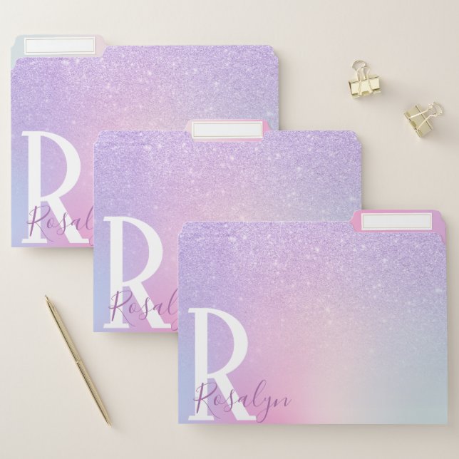 Elegant modern stylish girly ombre purple glitter file folder (Set)