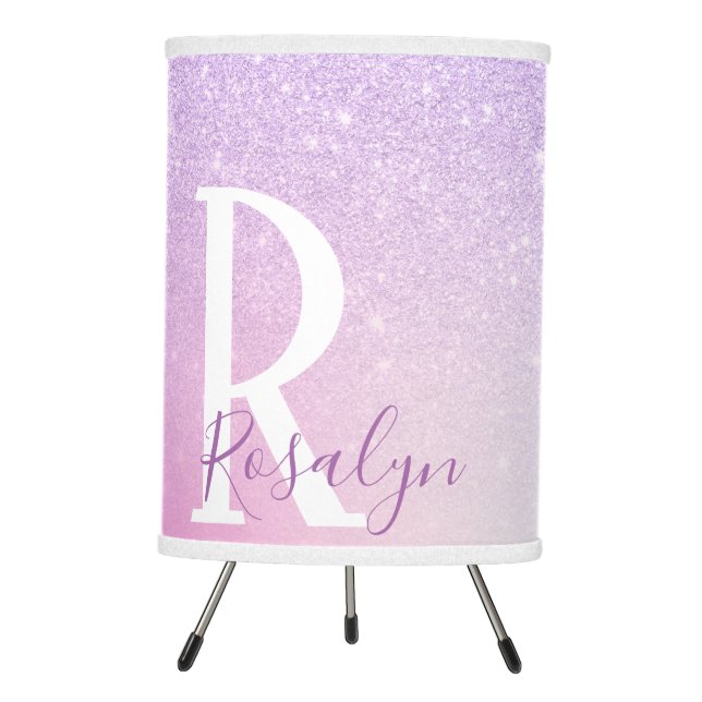 Elegant modern stylish girly ombre purple glitter tripod lamp (Front)