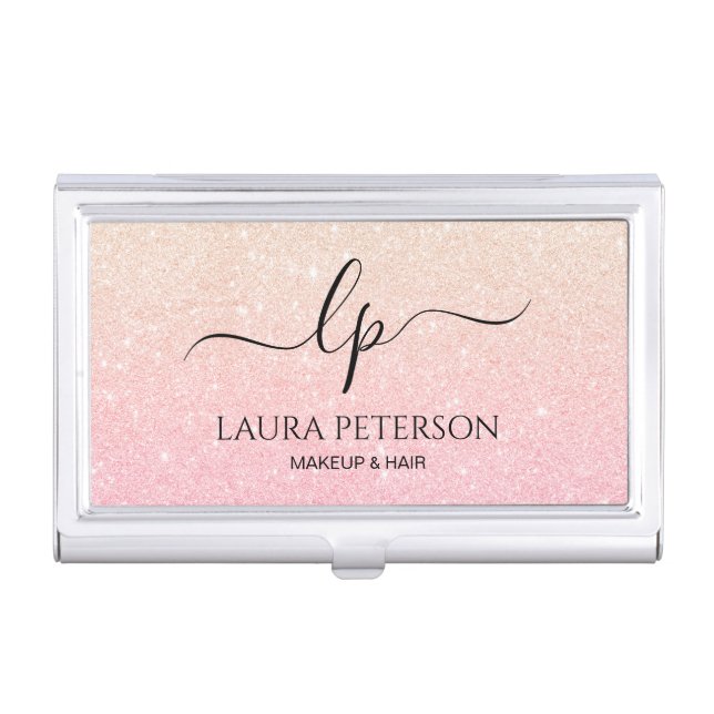 Elegant modern stylish glitter makeup artist business card case (Front)