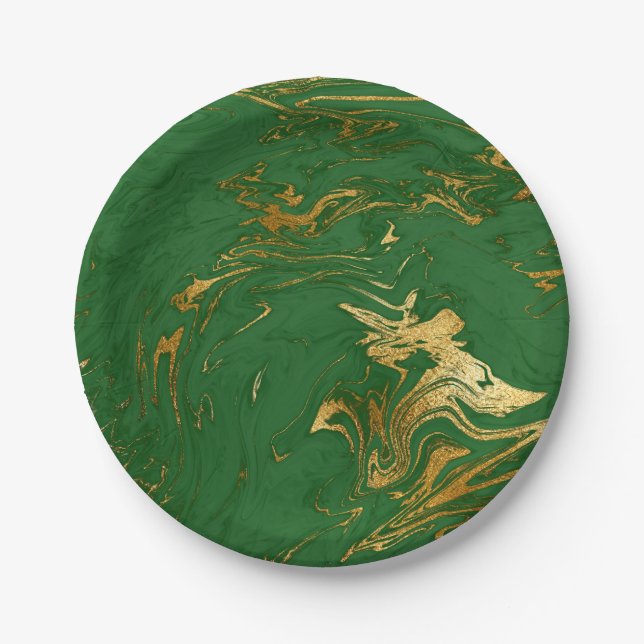 Elegant modern stylish gold & green marble look paper plates (Front)