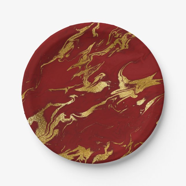 Elegant modern stylish gold & red marble look paper plates (Front)