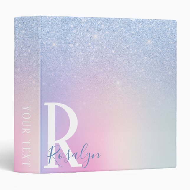 Elegant modern stylish ombre blue glitter rainbow 3 ring binder (Front/Spine)