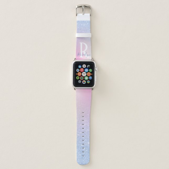 Elegant modern stylish ombre blue glitter rainbow apple watch band (Front)