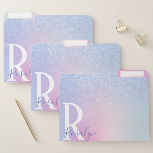Elegant modern stylish ombre blue glitter rainbow file folder