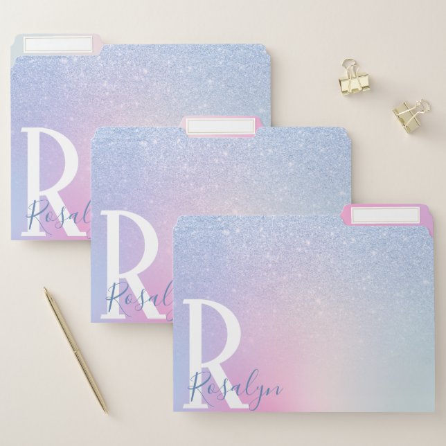 Elegant modern stylish ombre blue glitter rainbow file folder (Set)