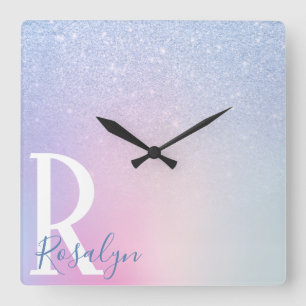 Elegant modern stylish ombre blue glitter rainbow square wall clock