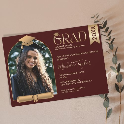 Elegant Modern Stylish Photo Burgundy Graduation Invitation