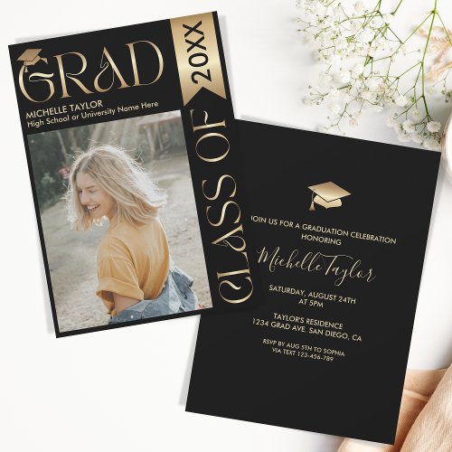 Elegant Modern Stylish Photo Gold Black Graduate Invitation
