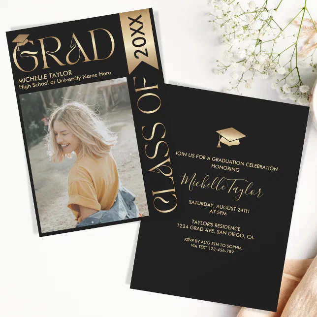 Elegant Modern Stylish Photo Gold Black Graduate Invitation | Zazzle