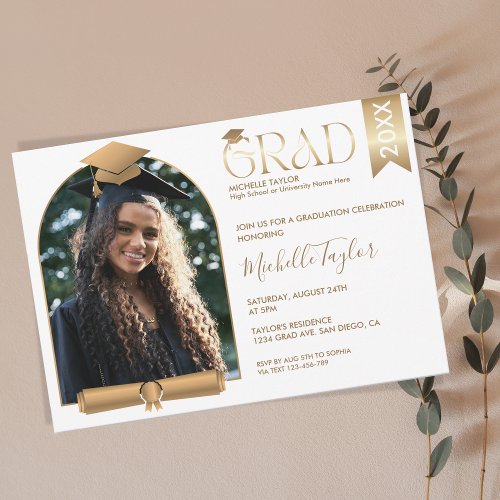 Elegant Modern Stylish Photo Gold Graduation Invitation