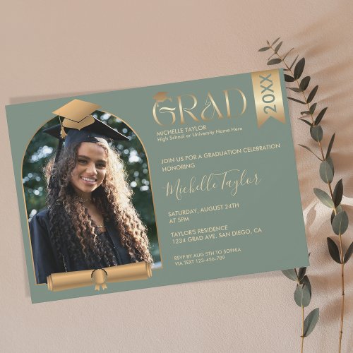 Elegant Modern Stylish Photo sage Green Graduation Invitation