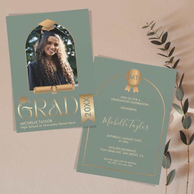 Elegant Modern Stylish Photo sage Green Graduation Invitation (Creator Uploaded)