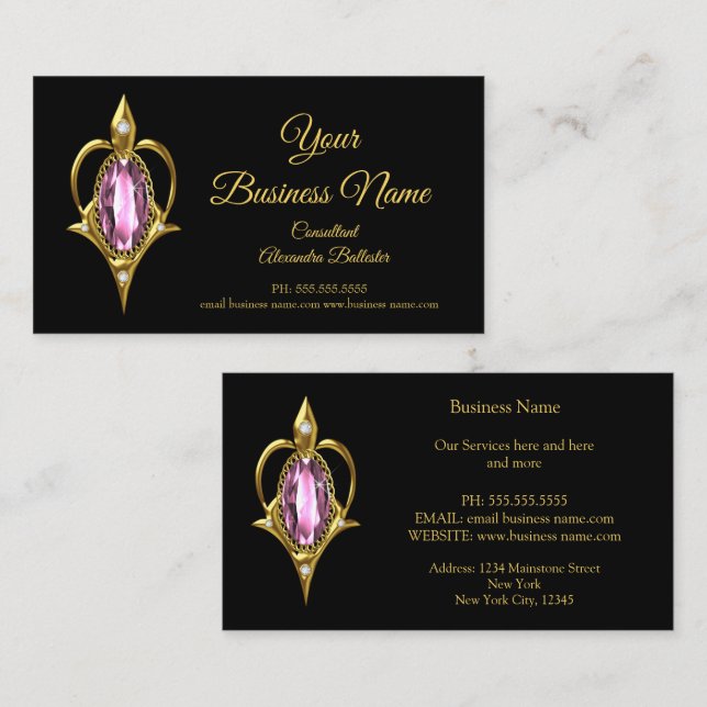 Elegant Modern Stylish Pink Jewel Gold Black Business Card (Front/Back)