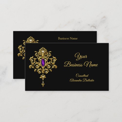Elegant Modern Stylish Purple Jewel Gold Black Business Card