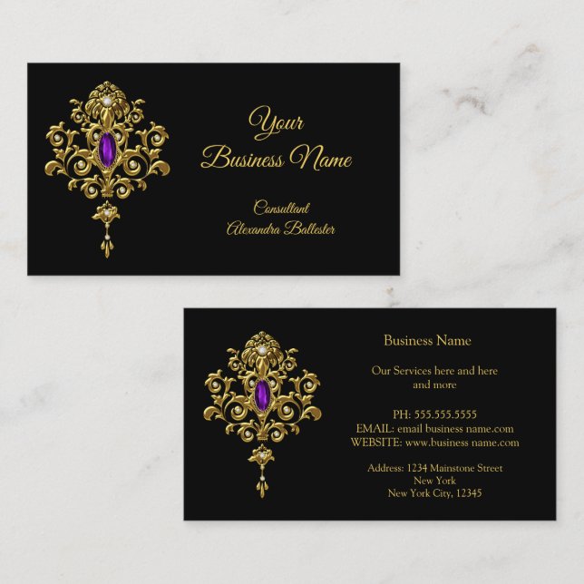 Elegant Modern Stylish Purple Jewel Gold Black Business Card (Front/Back)