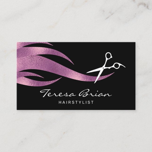 Elegant modern stylish purple scissors hairstylist business card (Front)