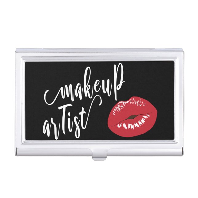 Elegant modern stylish red lips makeup artist business card case (Front)