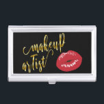 Elegant modern stylish red lips makeup artist business card case<br><div class="desc">Modern and chick design featuring red lips,  black texture and elegant faux gold calligraphy font.</div>