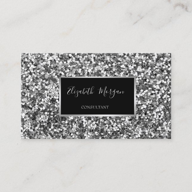 Elegant Modern Stylish Silver Glitter, Frame Business Card (Front)