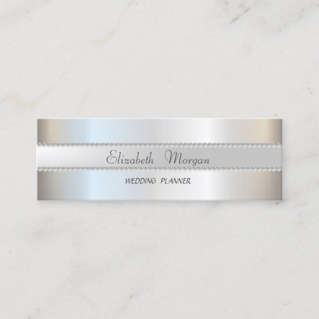 Elegant Modern Stylish Silver ,Pearls Mini Business Card (Front)