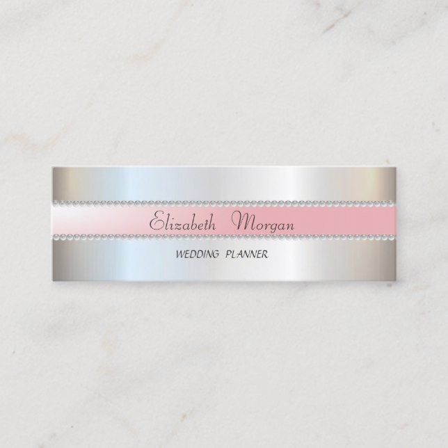 Elegant Modern Stylish Silver, Stripe,Pearls Mini Business Card (Front)