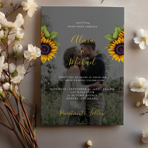 Elegant modern sunflower photo wedding invitation