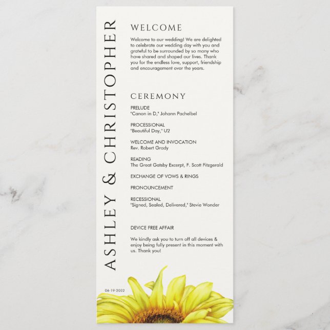 Elegant Modern Sunflower Wedding Program (Front)