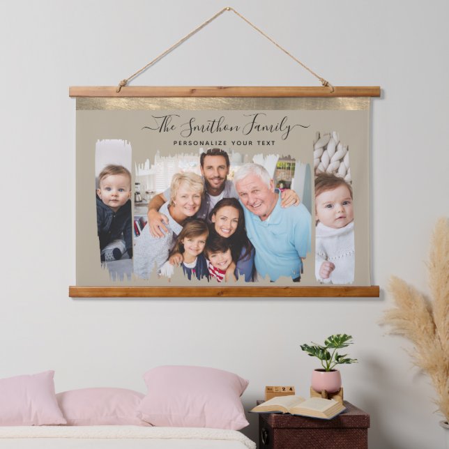  Elegant Modern Taupe & Gold Add Your Photo Family Hanging Tapestry (Bedroom)