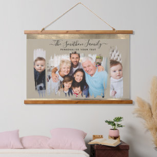 Elegant Modern Taupe & Gold Add Your Photo Family Hanging Tapestry