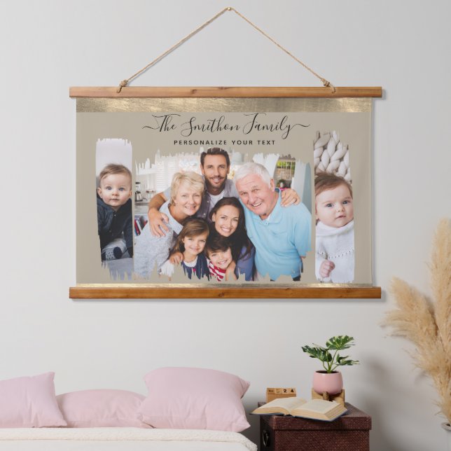  Elegant Modern Taupe & Gold Add Your Photo Family Hanging Tapestry (Bedroom)