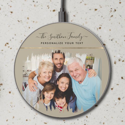  Elegant Modern Taupe  Gold Add Your Photo Family Wireless Charger
