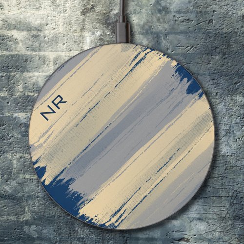  Elegant Modern Taupe Navy Blue Luxury Monogrammed Wireless Charger