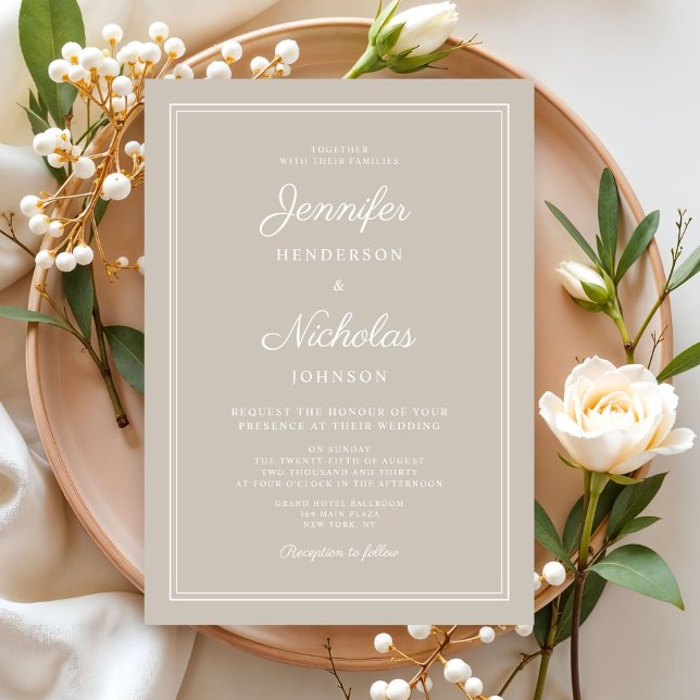 Elegant Modern Taupe Script Wedding Invitation (Elegant Formal Taupe Wedding Invitation)