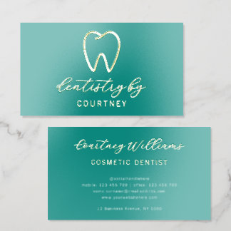 Elegant Modern Teal & Gold Dentist Orthodontist Foil Business Cards