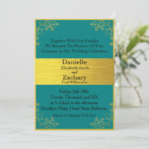 Elegant Modern Teal & Gold Horizontal Wedding Invitation