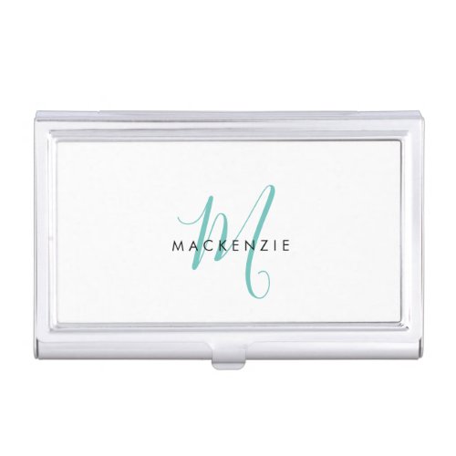 Elegant Modern Teal Script Monogram Business Card Case
