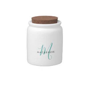 Elegant Modern Teal Script Monogram Candy Jar