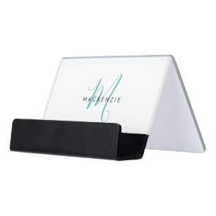Elegant Modern Teal Script Monogram  Desk Business Card Holder