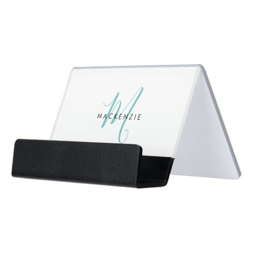 Elegant Modern Teal Script Monogram  Desk Business Card Holder
