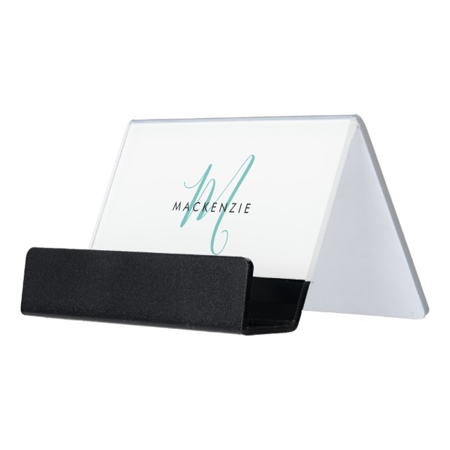 Elegant Modern Teal Script Monogram  Desk Business Card Holder (Angled Front)
