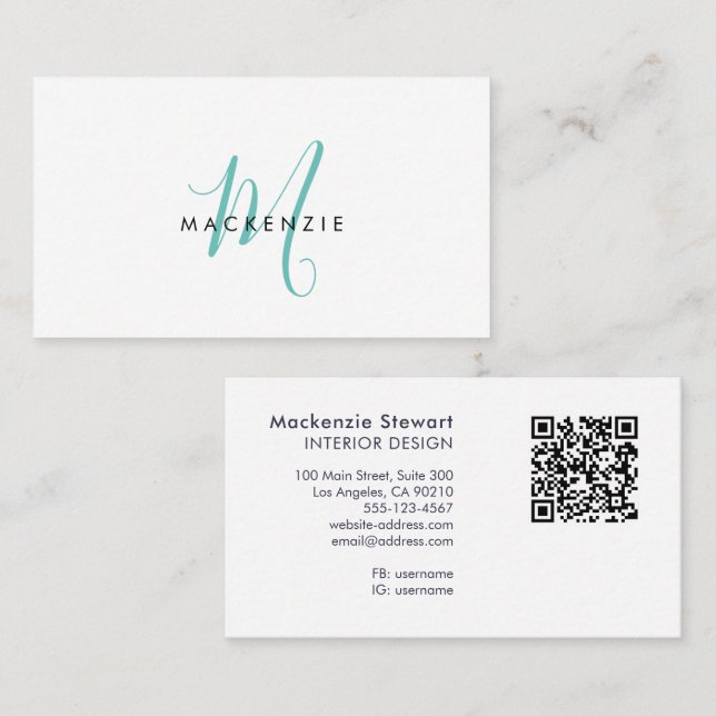 Elegant Modern Teal Script Monogram QR Code Busine Business Card (Front/Back)